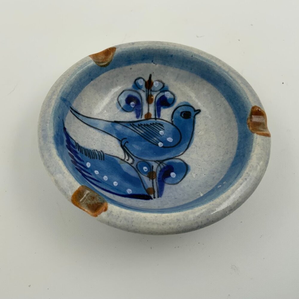 Tonala Mexico Folk Art Pottery Hand Painted Ashtray or Trinket Dish Signed AJM